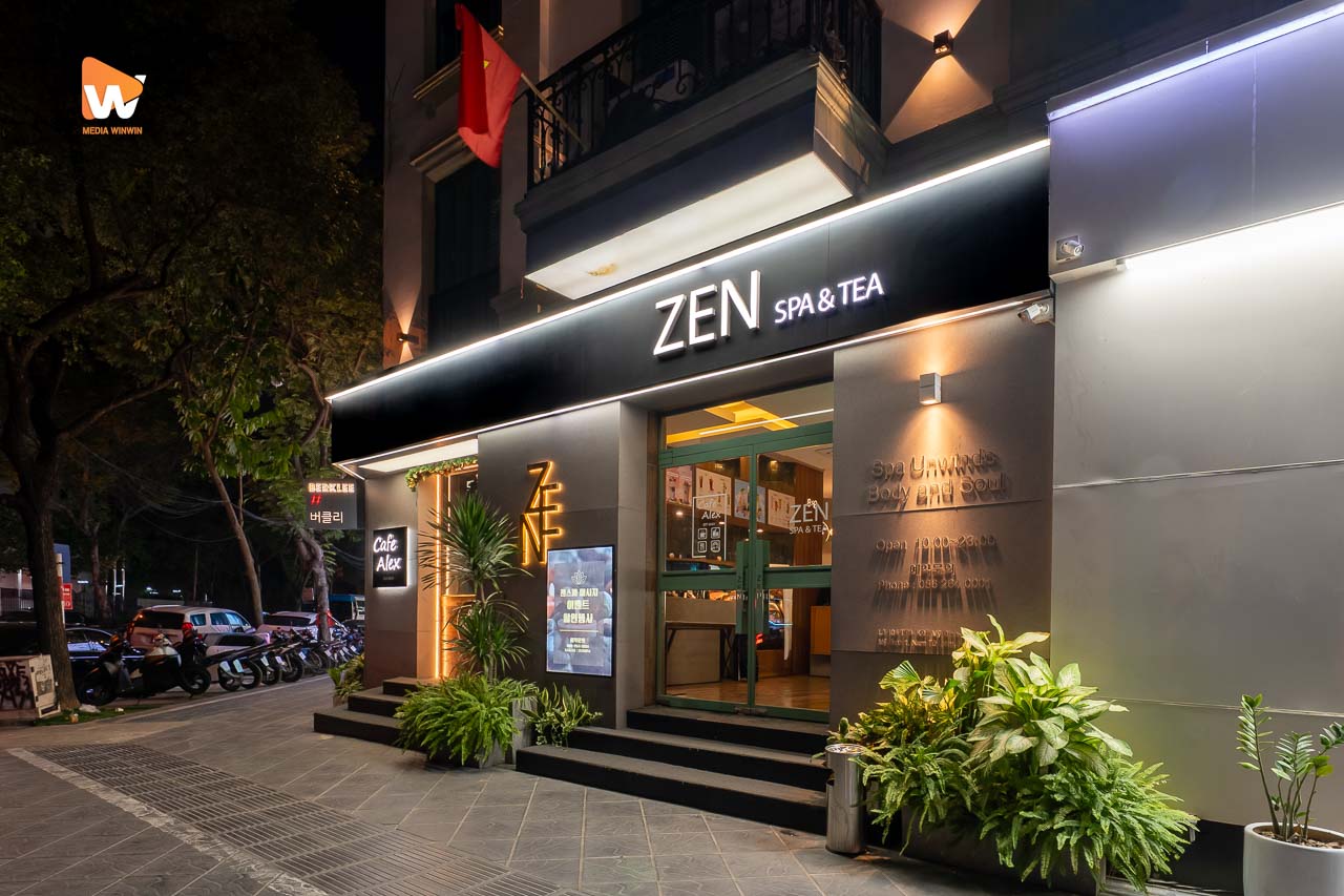 Chụp ảnh mặt tiền spa ban đêm Zen Spa & Tea Hà Nội - Media WinWin
